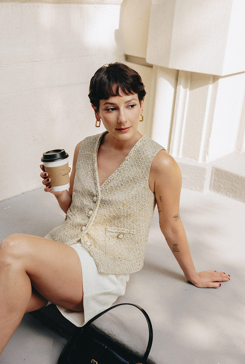 Jamina Cotton Blend Tweed Vest - Camel