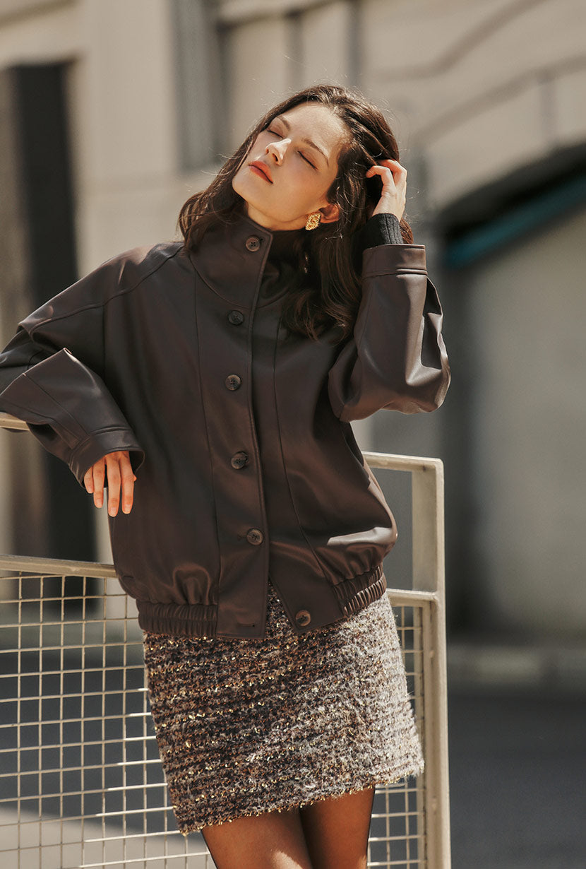 Ashley Oversized Faux Leather Jacket - Dark Umber