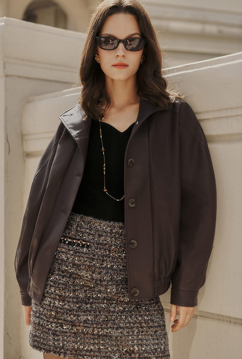 Ashley Oversized Faux Leather Jacket - Dark Umber