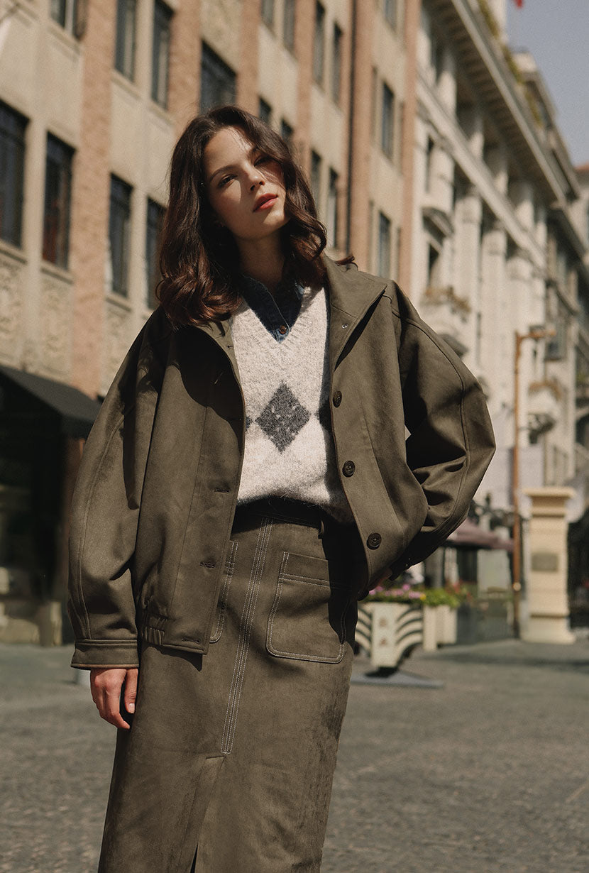 Ashley Oversized Suede Jacket - Kahki Green