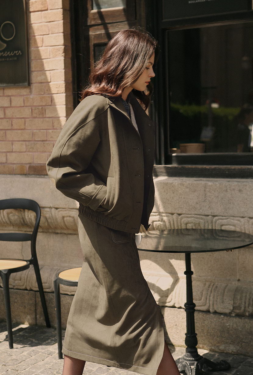Ashley Oversized Suede Jacket - Kahki Green