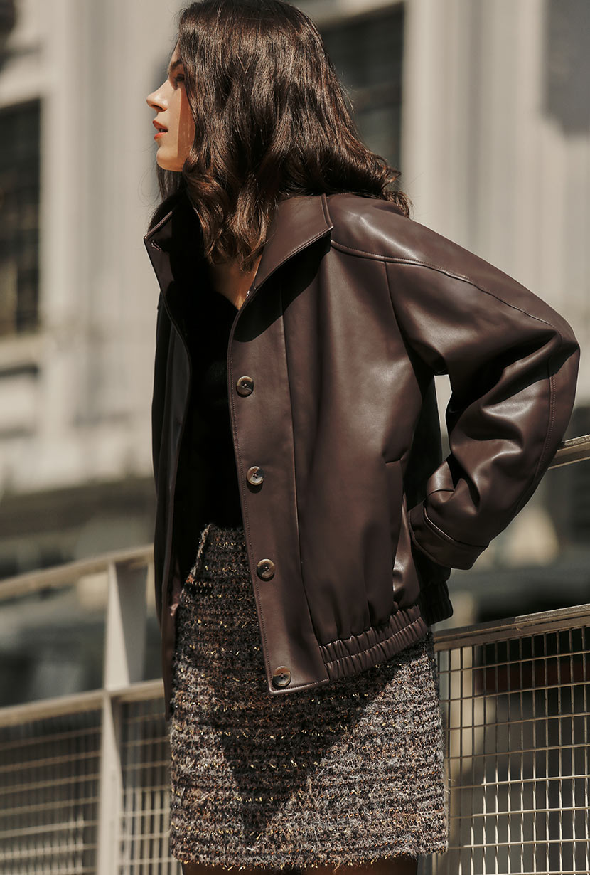Ashley Oversized Faux Leather Jacket - Dark Umber
