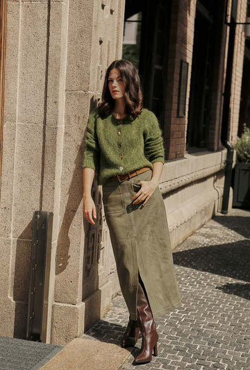 Debbie Suede Pencil Skirt - Kahki Green