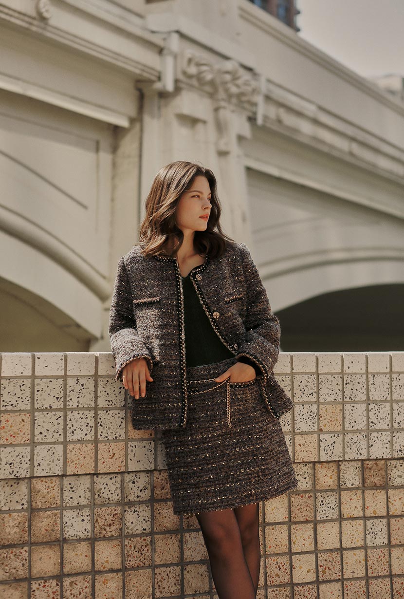 Ashton Mini Wool Tweed Skirt - Charcoal