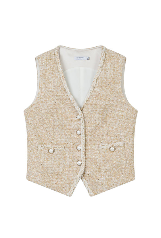 Jamina Cotton Blend Tweed Vest - Camel